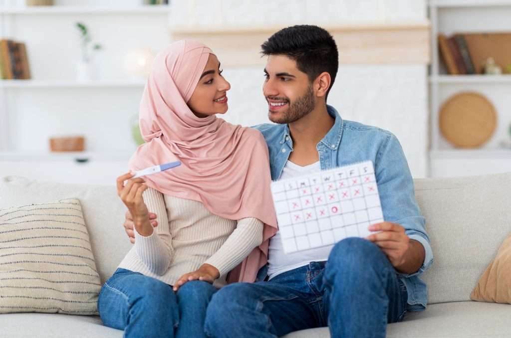 Happy Arab couple family planning.