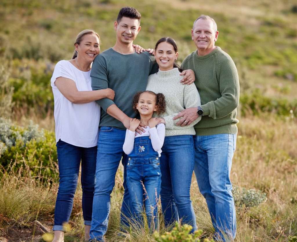 Happy family photo outdoor.